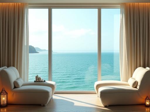 A tranquil spa setting overlooking a calm sea on the Cornish coast